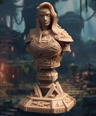 A viking woman bust standing on a decorative base