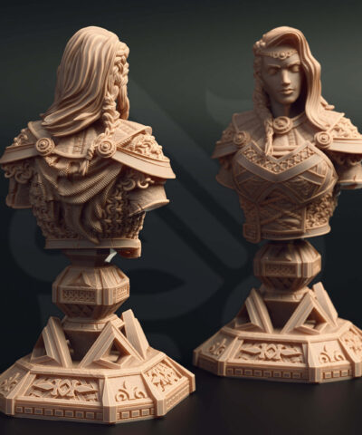 A viking woman bust standing on a decorative base