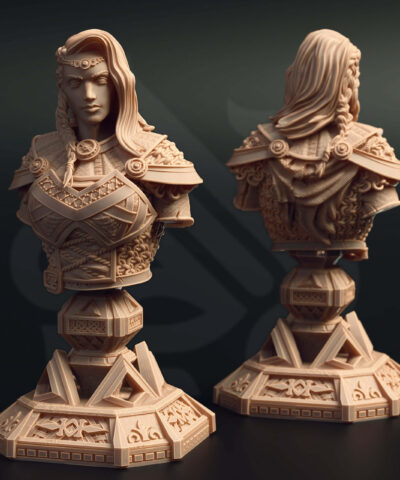 A viking woman bust standing on a decorative base