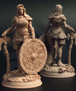 A viking woman standing in rest with a large round shield and a large handaxe