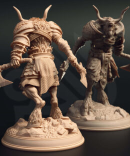 A tauren humanoid wielding two handaxes while screaming a warcry