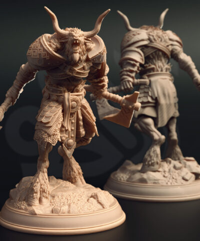A tauren humanoid wielding two handaxes while screaming a warcry