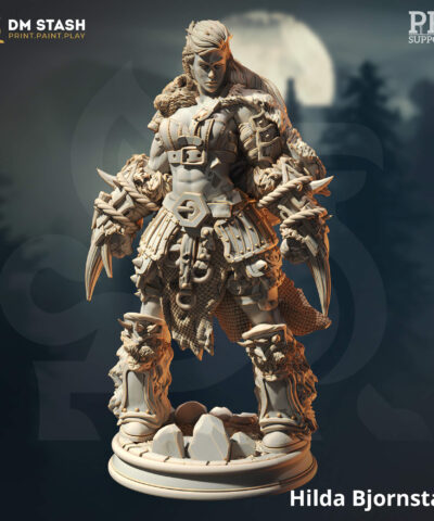 A young woman warrior hold two fistweapons made out of tooth while standing on a rock as a physical miniature for dungeons and dragons