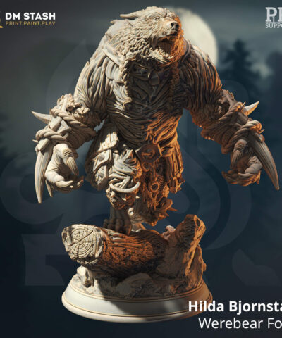 A young bear form warrior hold two fistweapons made out of tooth while standing on a rock as a physical miniature for dungeons and dragons