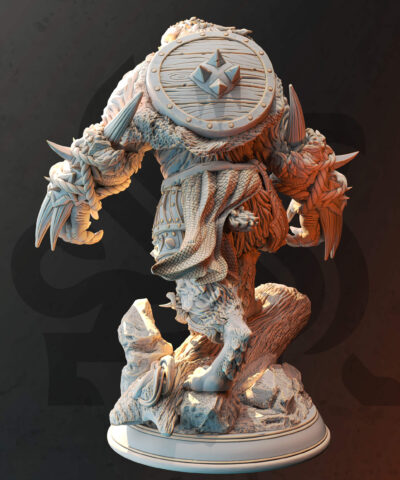 A young bear form warrior hold two fistweapons made out of tooth while standing on a rock as a physical miniature for dungeons and dragons