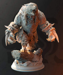 A young bear form warrior hold two fistweapons made out of tooth while standing on a rock as a physical miniature for dungeons and dragons