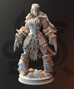 A young woman warrior hold two fistweapons made out of tooth while standing on a rock as a physical miniature for dungeons and dragons