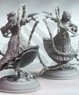 A Japaneese dancing woman wearing a feline mask with a dress and shurikens on chains