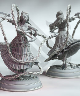 A Japaneese dancing woman with a dress and shurikens on chains