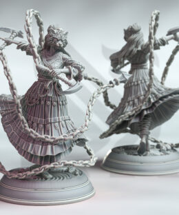 A Japaneese dancing woman wearing a feline mask with a dress and shurikens on chains