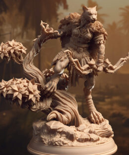 A cat-like humanid wielding a bow standing on a root.