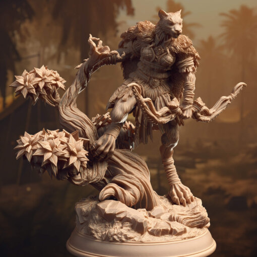 A cat-like humanid wielding a bow standing on a root.
