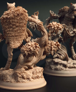 A cat-like humanid wielding a bow standing on a root.