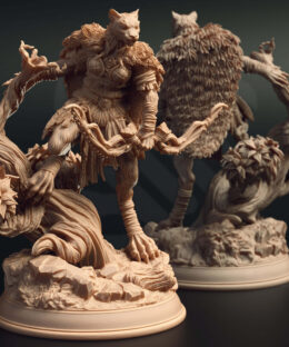 A cat-like humanid wielding a bow standing on a root.