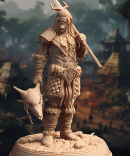 An orc shaman wielding a staff with a human skull on top.