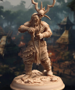 An orc shaman wielding a staff with a human skull on top.