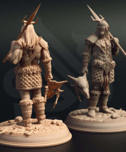 An orc wielding a trident and a skullmask.