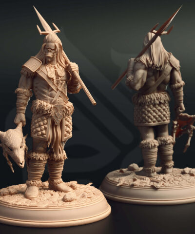 An orc wielding a trident and a skullmask.