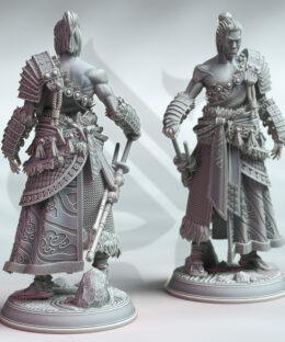 A Samurai with a ponytail standing in a rest stance while resting his hand on his katana