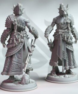 A Samurai with a wolf mask with a ponytail standing in a rest stance while resting his hand on his katana