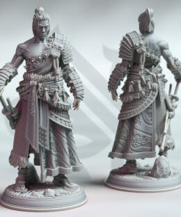 A Samurai with a ponytail standing in a rest stance while resting his hand on his katana