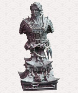 A young male samurai bust on a decorative base