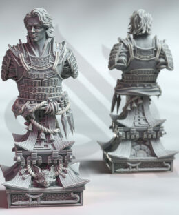 A young male samurai bust on a decorative base