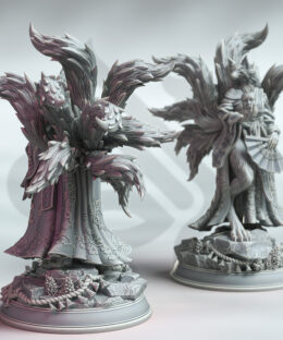 A fox-like humanoid with nine tails and a mask in het hand