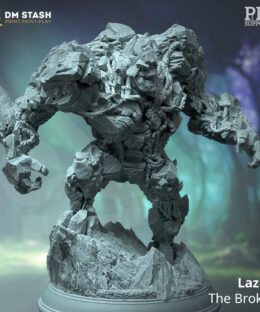 a stone giant in attack position standing on a rocky surface base.