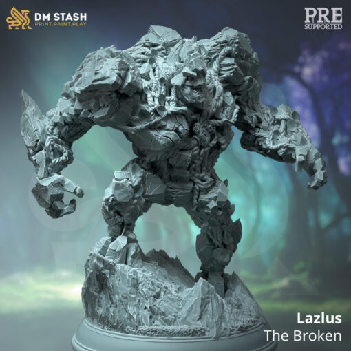 a stone giant in attack position standing on a rocky surface base.