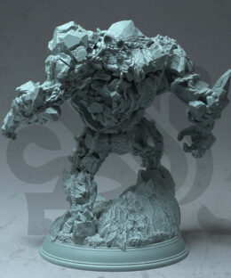 a stone giant in attack position standing on a rocky surface base.