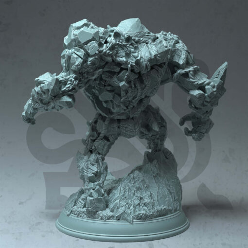 a stone giant in attack position standing on a rocky surface base.