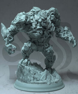 a stone giant in attack position standing on a rocky surface base.