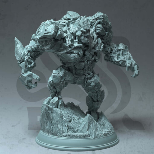 a stone giant in attack position standing on a rocky surface base.