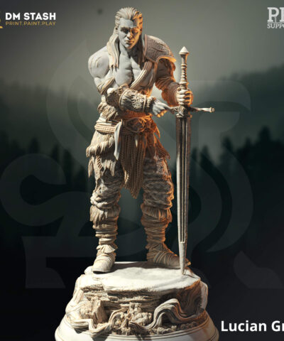 A young male warrior hold a two handed sword while standing on a rock as a physical miniature for dungeons and dragons