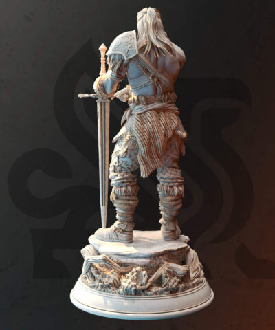 A young male warrior hold a two handed sword while standing on a rock as a physical miniature for dungeons and dragons
