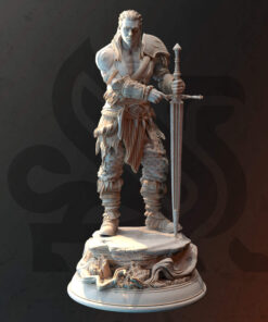 A young male warrior hold a two handed sword while standing on a rock as a physical miniature for dungeons and dragons