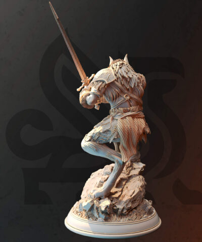 A young werewolf warrior hold a two handed sword while standing on a rock as a physical miniature for dungeons and dragons