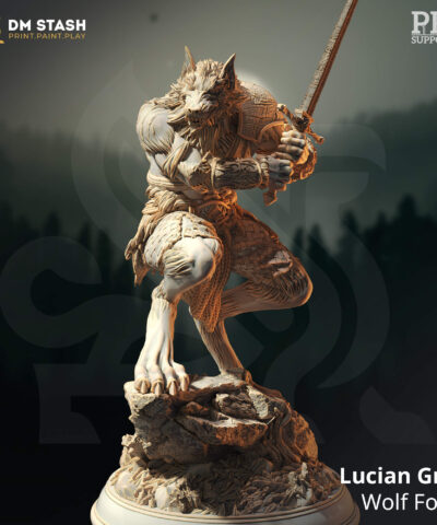 A young werewolf warrior hold a two handed sword while standing on a rock as a physical miniature for dungeons and dragons
