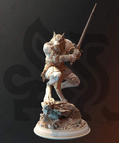 A young werewolf warrior hold a two handed sword while standing on a rock as a physical miniature for dungeons and dragons