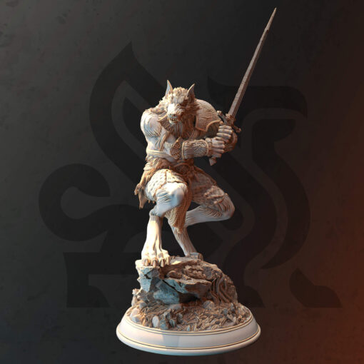 A young werewolf warrior hold a two handed sword while standing on a rock as a physical miniature for dungeons and dragons