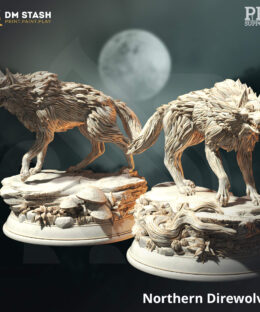 Two wolves standing on a rock showing their teeth as physical miniatures for dungeons and dragons