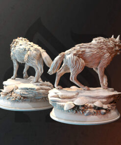Two wolves standing on a rock showing their teeth as physical miniatures for dungeons and dragons