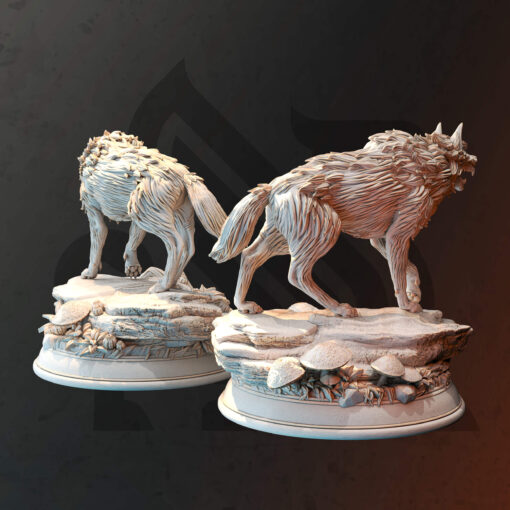 Two wolves standing on a rock showing their teeth as physical miniatures for dungeons and dragons
