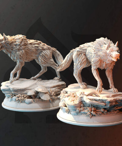 Two wolves standing on a rock showing their teeth as physical miniatures for dungeons and dragons