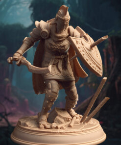 A roman knight wearing a shield pierced by a wooden stick and wielding a short sword.