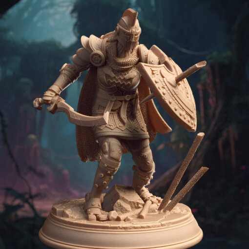A roman knight wearing a shield pierced by a wooden stick and wielding a short sword.