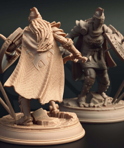 A roman knight wearing a shield pierced by a wooden stick and wielding a short sword.