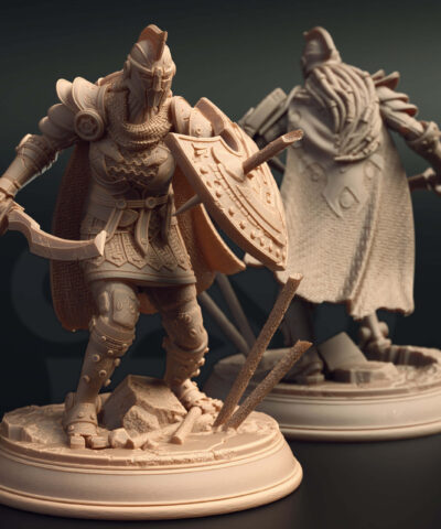 A roman knight wearing a shield pierced by a wooden stick and wielding a short sword.