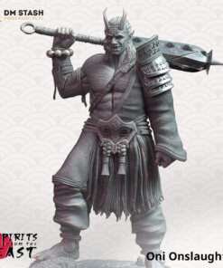 An oni wielding a large club while standing on a rocky base